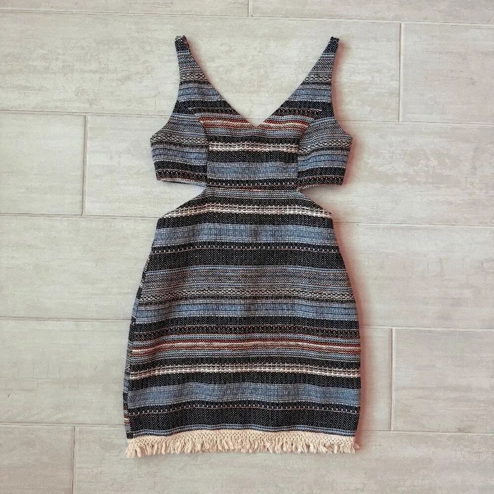 Venus Mini Dress Woven Tapestry Cut Out Coastal Boho V Neck Fringe Hemline Beach